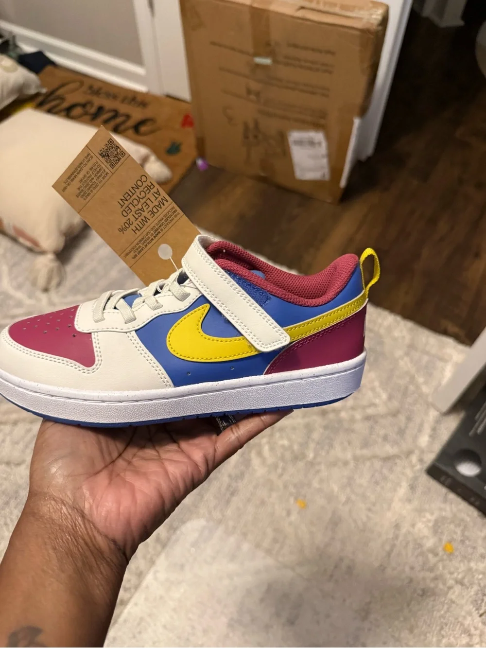 Kids Colorblock Sneakers with Hook-and-Loop Strap — White, Pink, Blue & Yellow